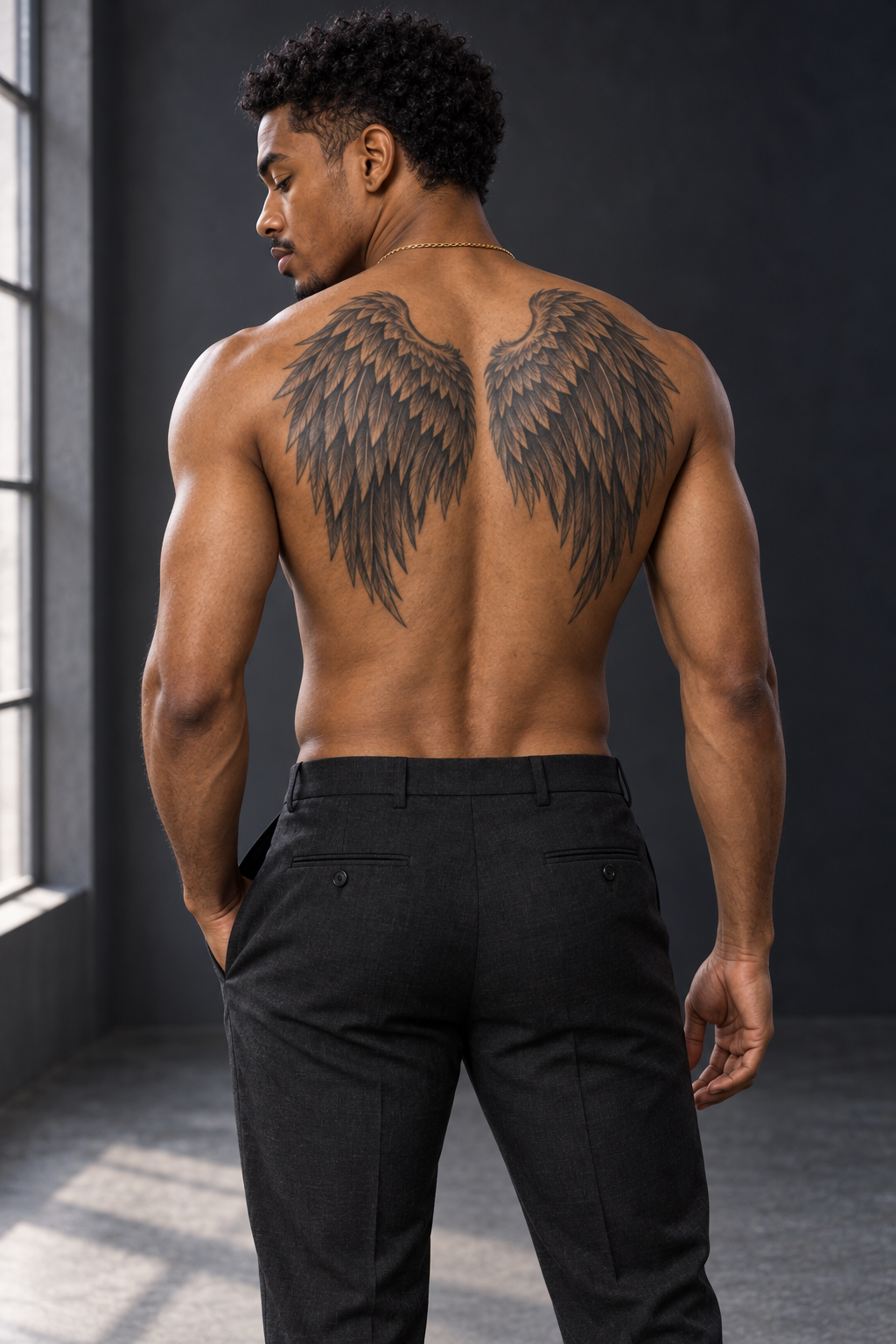 Jisaiah Rhodes by a window with large black angel wings tattooed across both shoulder blades