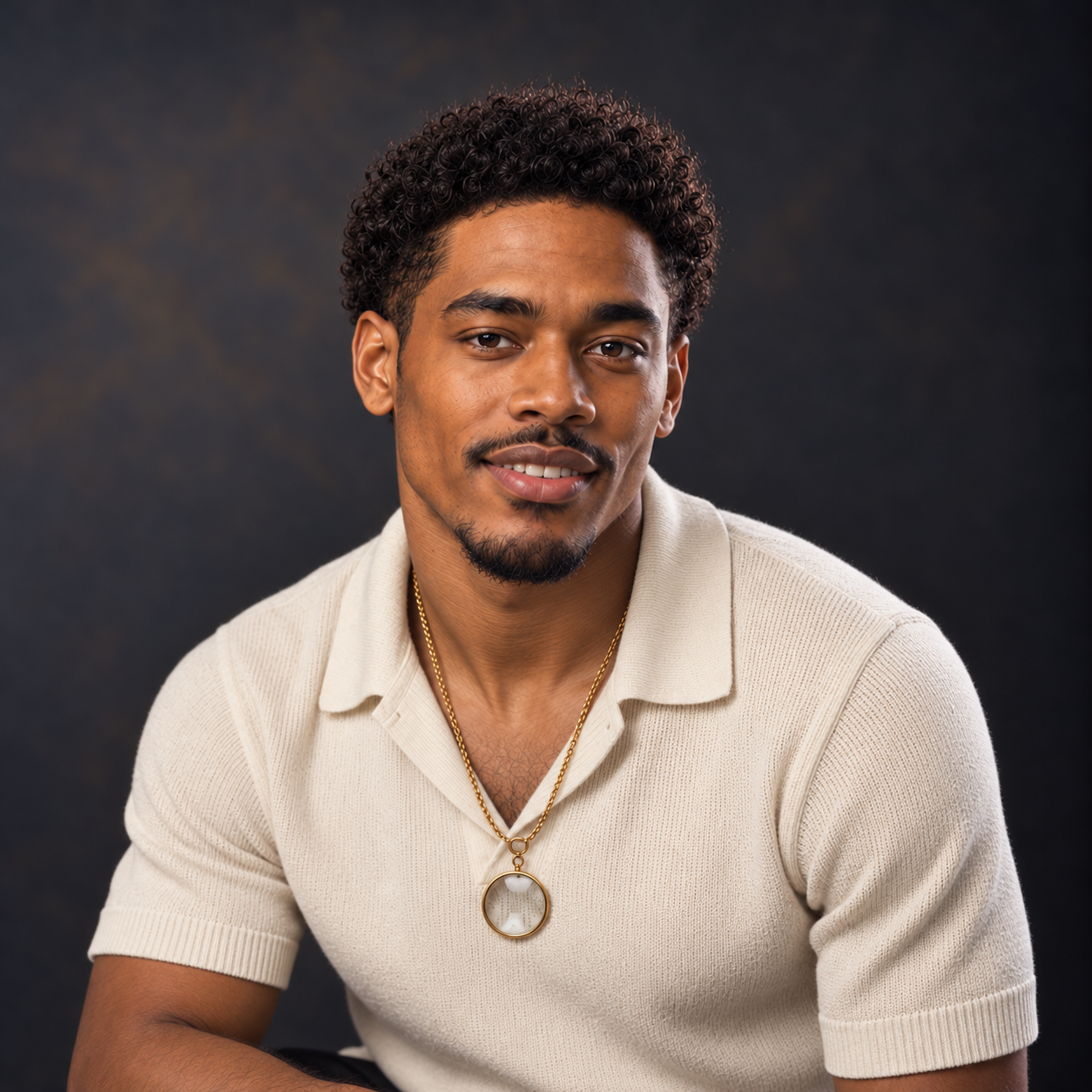 Jisaiah Rhodes wearing an ivory knit polo